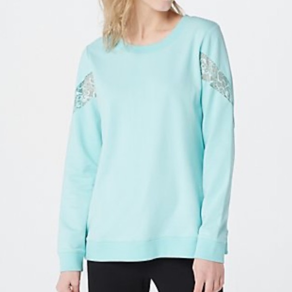 🎉SOLD ON EBAY🎉 Denim & Co. Active French Terry Long-Sleeve Top w/ Lace Detail - Picture 2 of 3